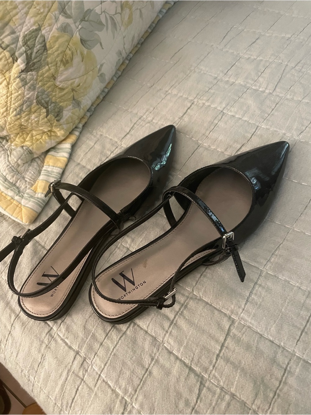 LAST CALL Worthington Black Patent Pointed-Toe Mary Jane Flats with Ankle Strap